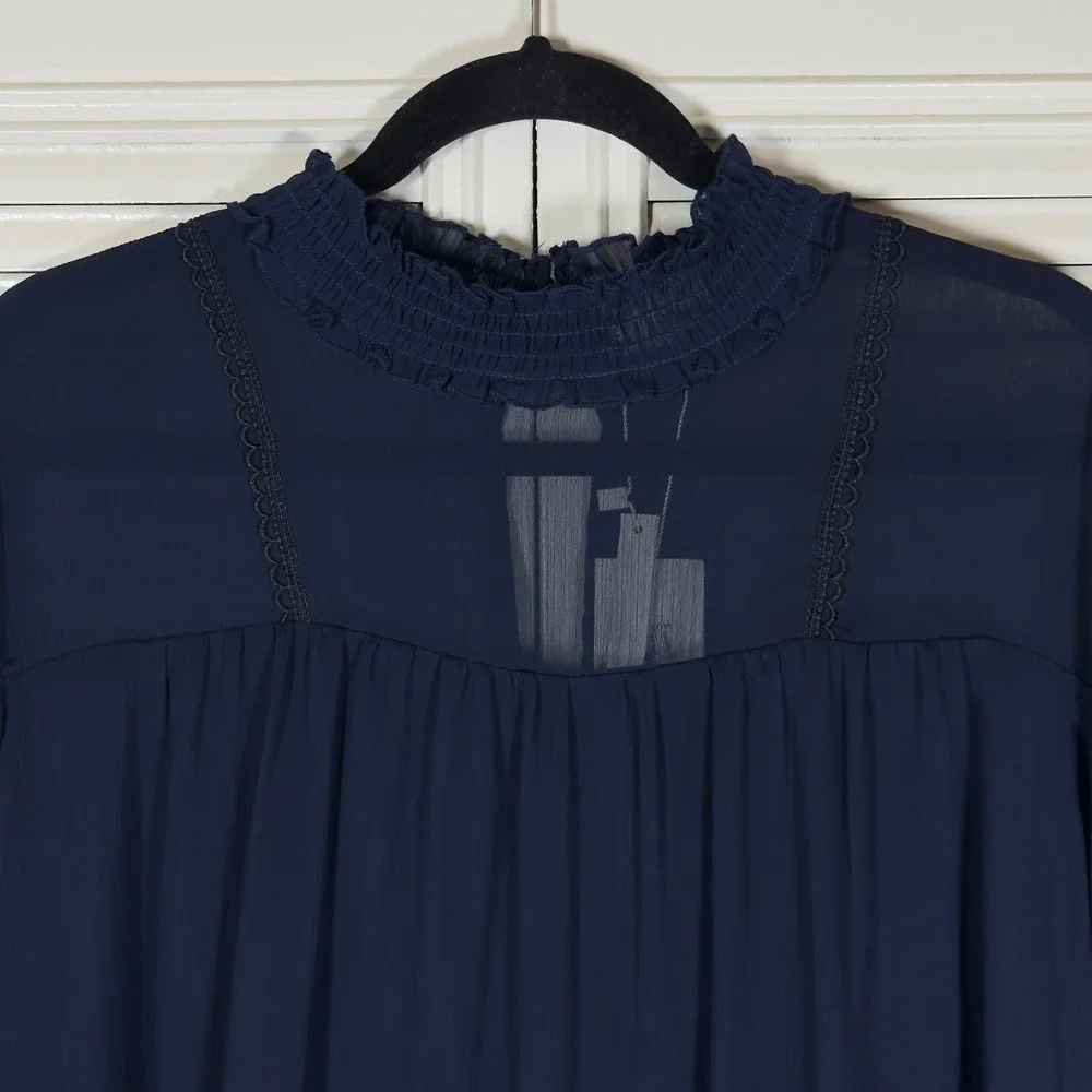 Lost Ink Navy Blue Ruffled Mock Neck Sheer Smock Top Size 2X‎